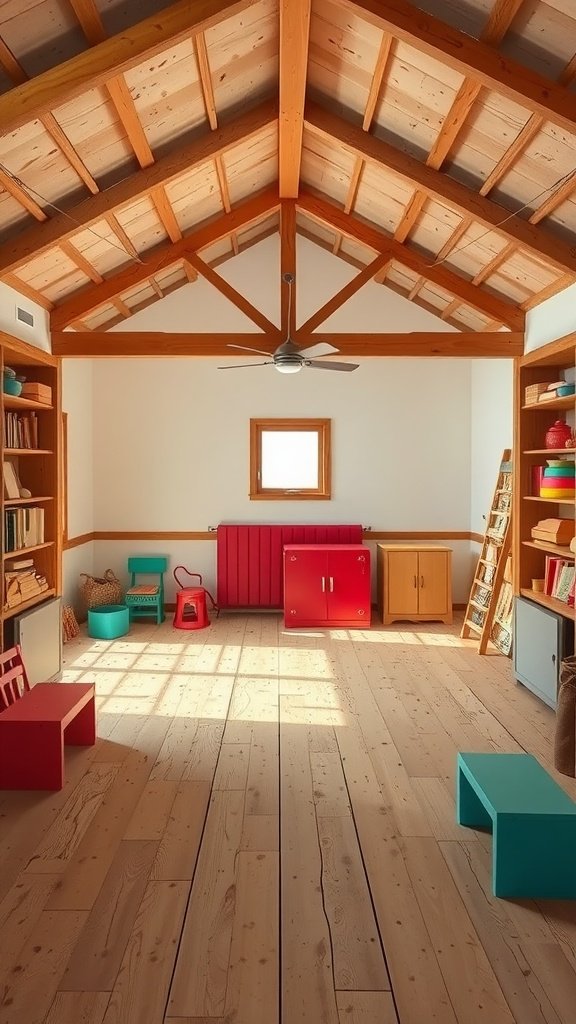 Bright and colorful interior of a modern barn featuring wooden beams and playful furniture