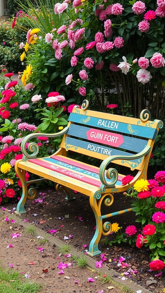 A colorful garden bench surrounded by vibrant flowers in a whimsical design.