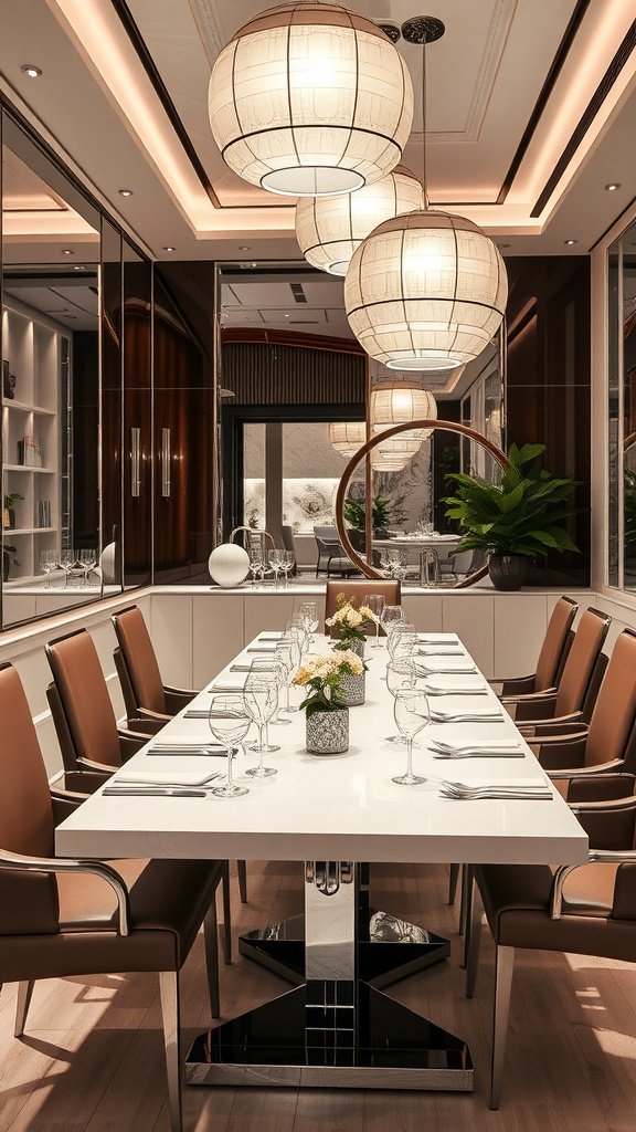 A stylish dining area featuring a long table with polished chrome accents, surrounded by brown leather chairs, elegant glassware, and soft pendant lighting.
