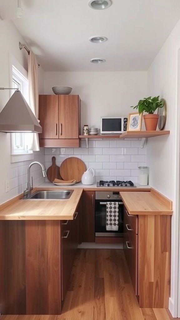 A cozy tiny house kitchen with pop-up counter extensions, featuring warm wooden tones and modern appliances.