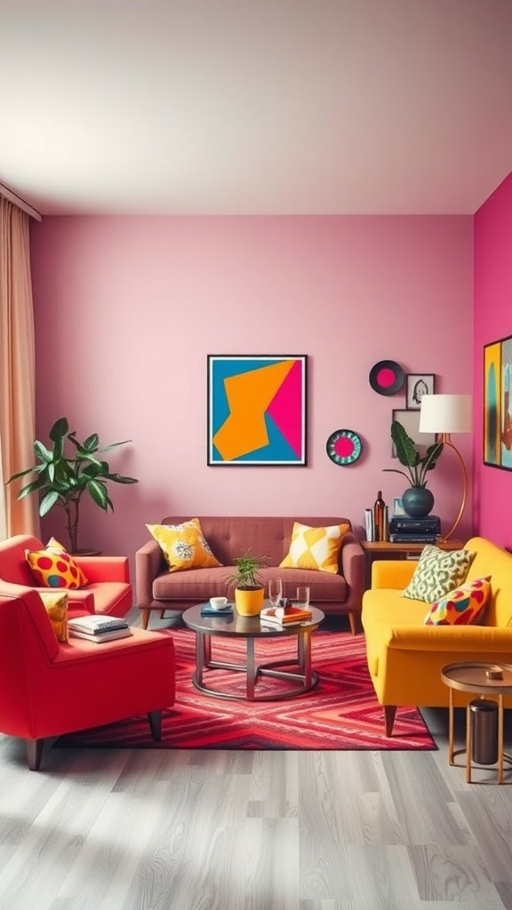 A stylish living room featuring pop art influences with colorful furniture, patterned cushions, and vibrant wall art.