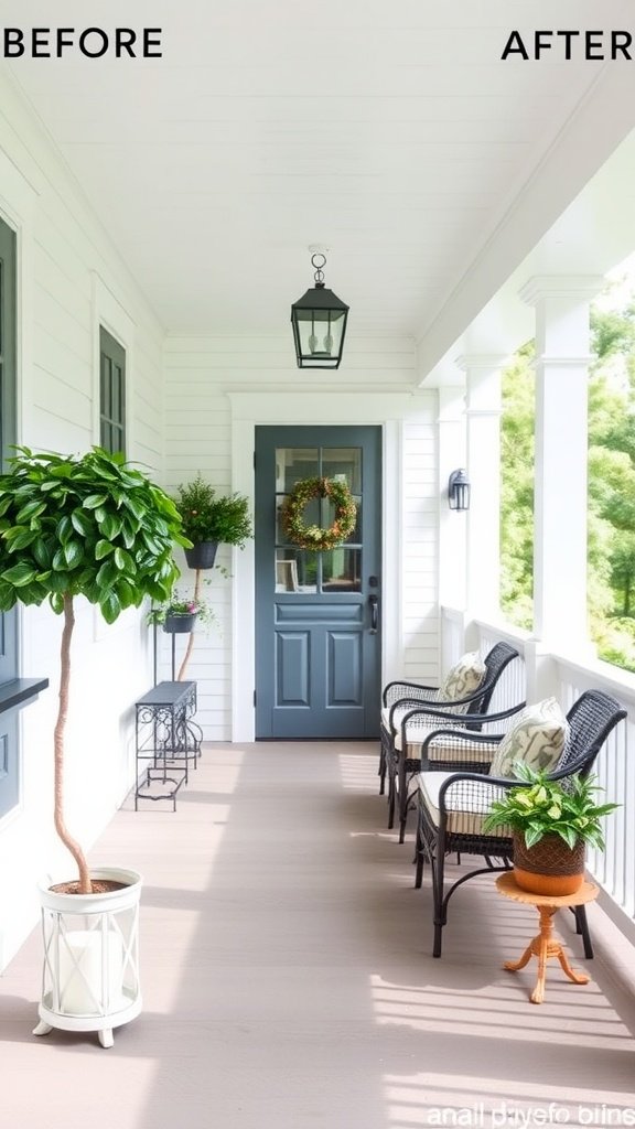 Before and after images of a porch renovation showcasing stylish seating and decorative plants