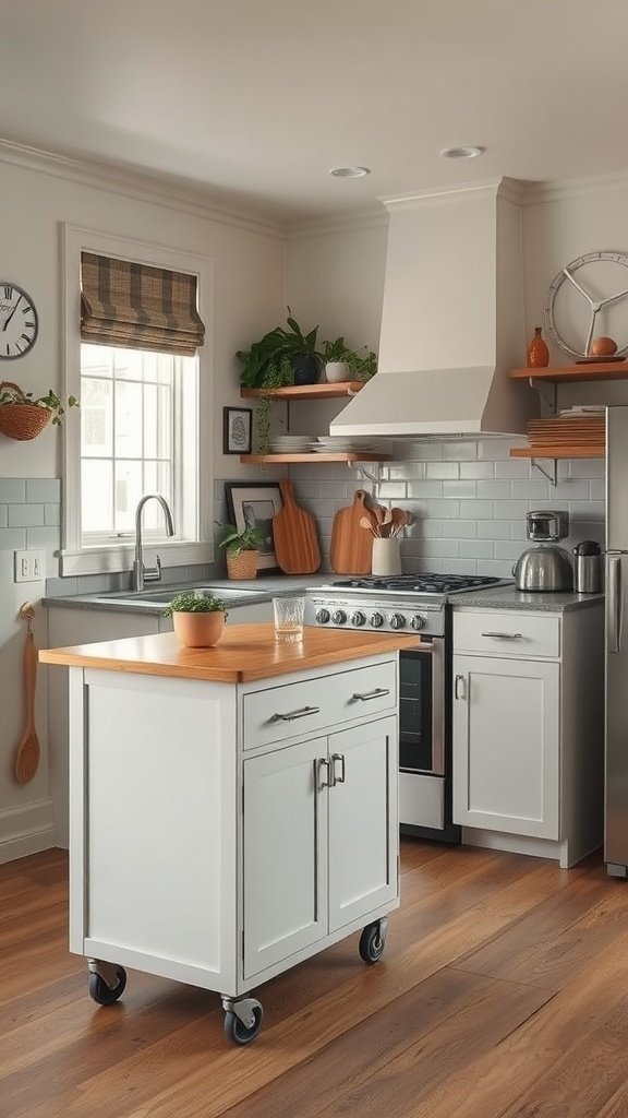 A portable kitchen island in a modern tiny house kitchen with wooden top and wheels.