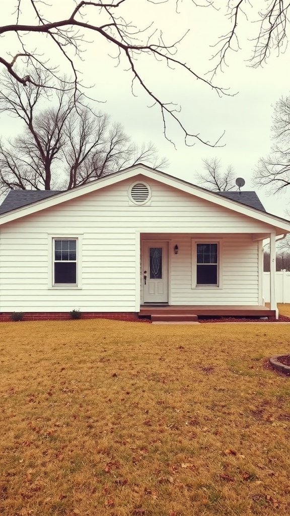 A white exterior Prairie style home with a simple design and a welcoming porch.
