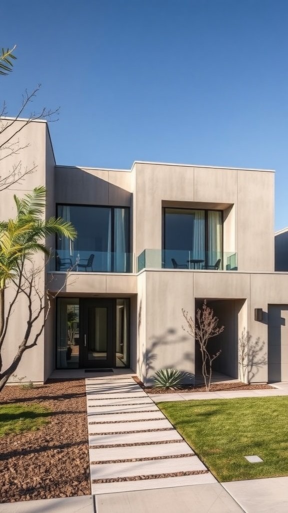 Modern precast concrete facade house with large glass windows and landscaped pathway