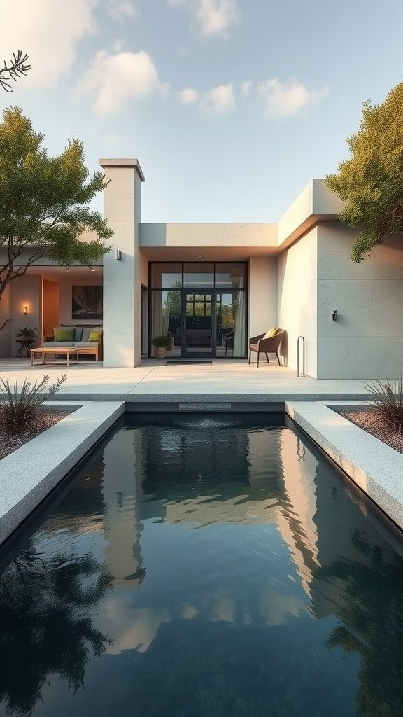 A modern house with a precast concrete facade and a serene water feature in front.