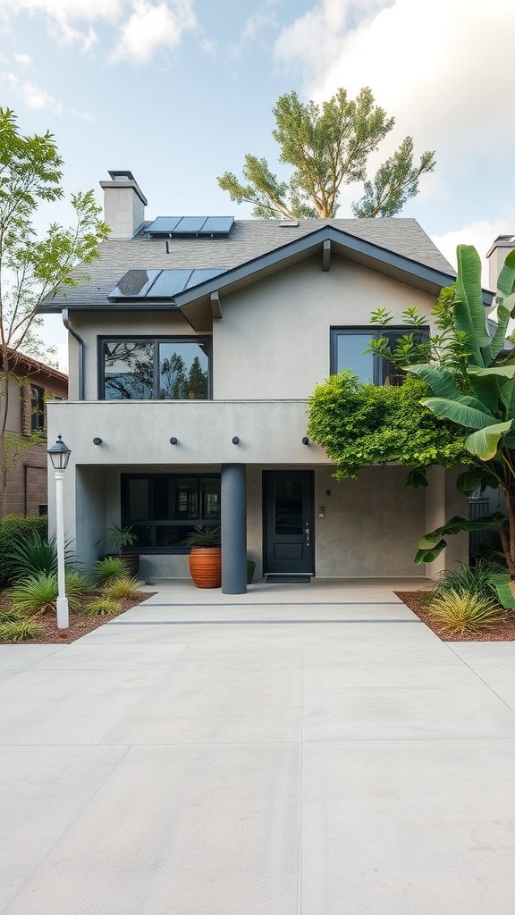 A modern precast concrete house with solar panels and lush landscaping.