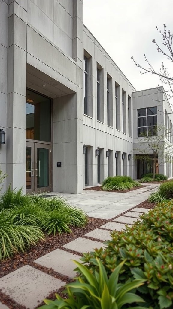 A modern building with a precast concrete facade surrounded by landscaped greenery and concrete pathways.
