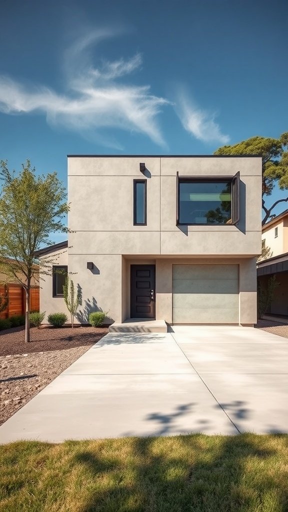 Modern precast concrete house with minimalist design and large windows.