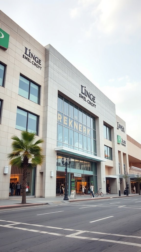 A modern retail facade made of precast concrete with large glass windows and palm trees at the entrance.