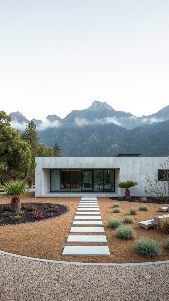 A modern house made of precast concrete, with a pathway leading to its entrance, surrounded by landscaped gardens and mountains in the background.