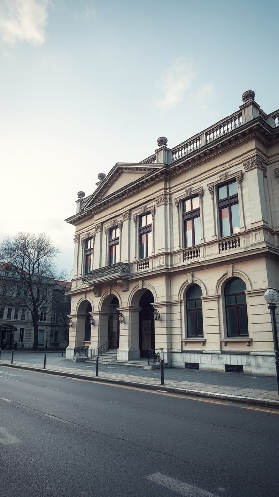 A historical building with a precast concrete facade, showcasing elegant architectural details and large windows.