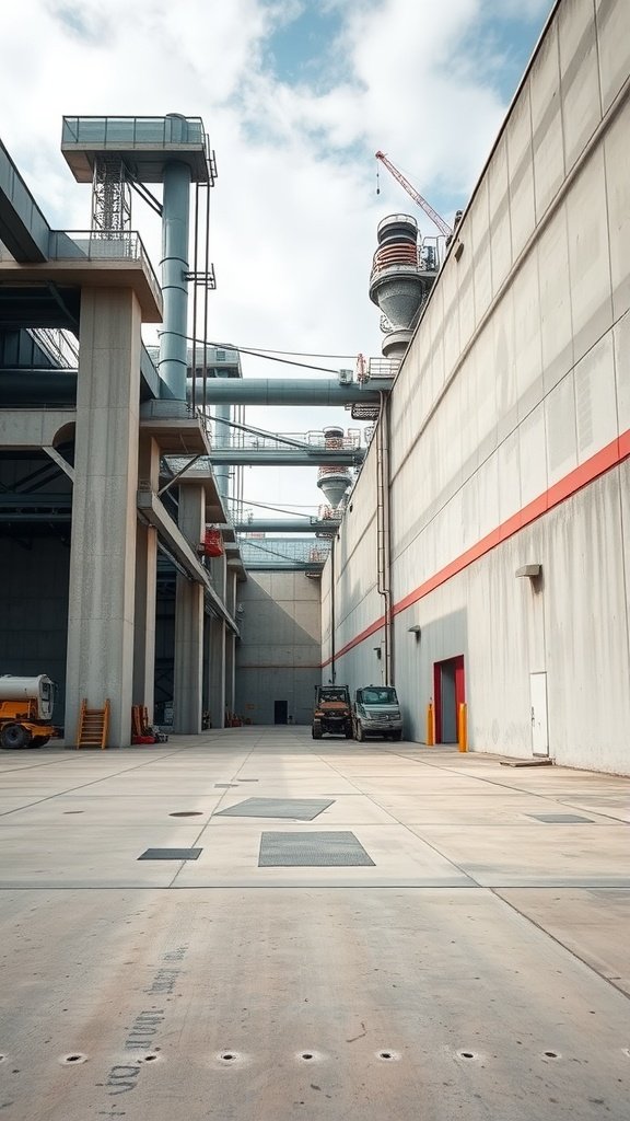 Industrial setting with precast concrete walls and open space for machinery