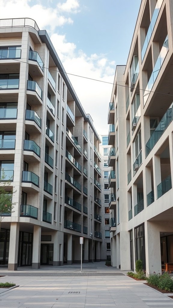 Modern mixed-use buildings with balconies and outdoor spaces in a precast concrete design.
