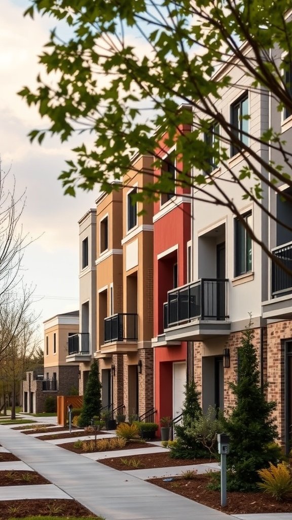 Precast concrete townhouses with colorful facades and landscaped gardens