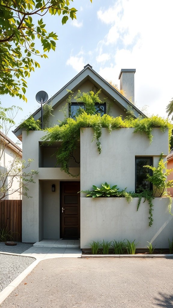 A modern house with a precast concrete facade adorned with lush greenery on the roof and walls.