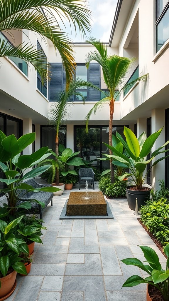 A modern courtyard with palm trees, lush plants, and a tranquil fountain in the center.