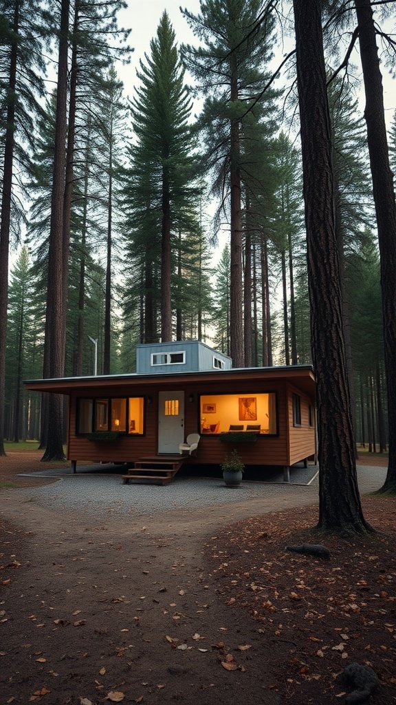 A mid-century modern cabin surrounded by tall trees, featuring a wooden exterior and large windows.
