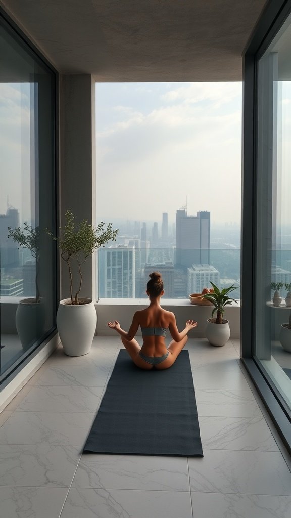 A person meditating on a yoga mat in a penthouse terrace with a view of the city skyline.