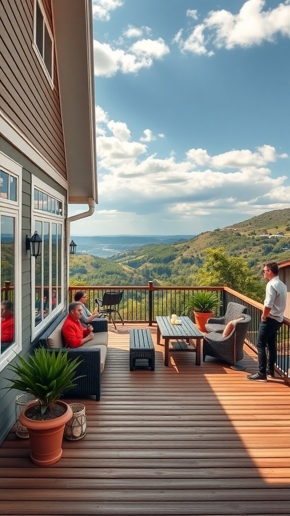 A beautiful deck with outdoor seating overlooking a hillside landscape.