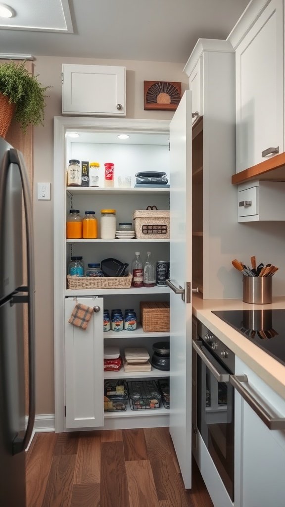 A pull-out pantry with organized shelves in a tiny house kitchen