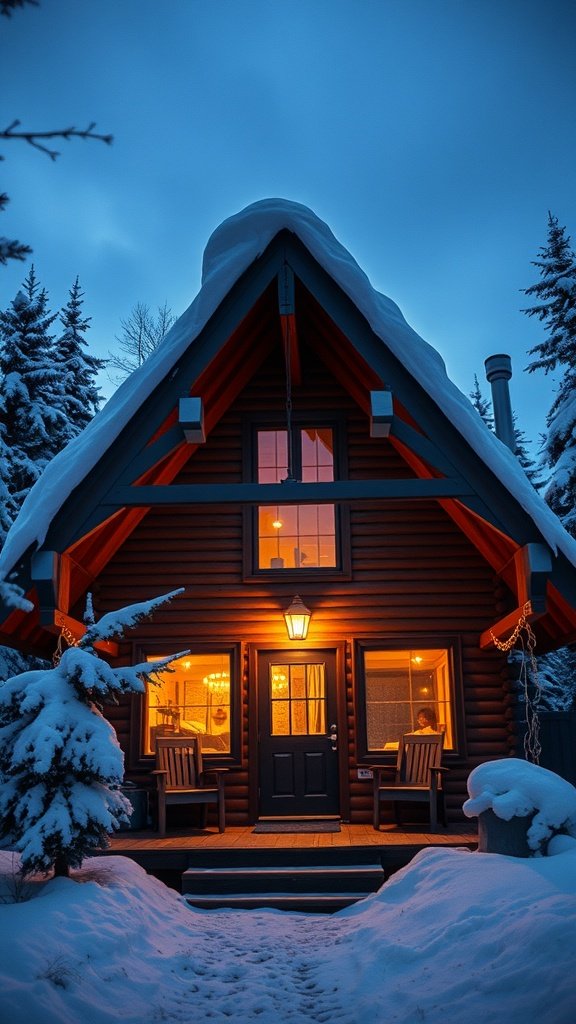A cozy A-frame cabin with snow on the roof, warm lights glowing from windows in a snowy landscape.