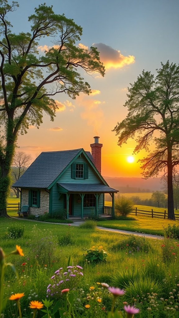 A cozy cottage surrounded by lush greenery and flowers at sunset
