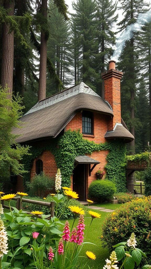 A quaint brick cottage surrounded by lush greenery and colorful flowers in a serene forest setting.