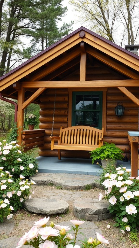 A quaint cabin with a porch swing surrounded by flowers and trees.