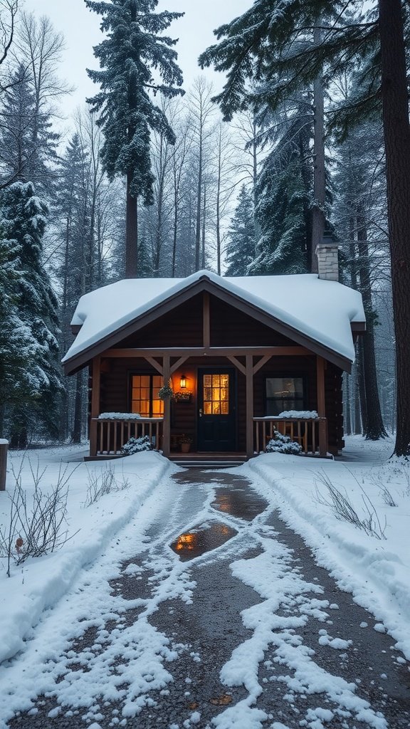 A cozy cabin surrounded by snow-covered trees in the Northwoods of Wisconsin