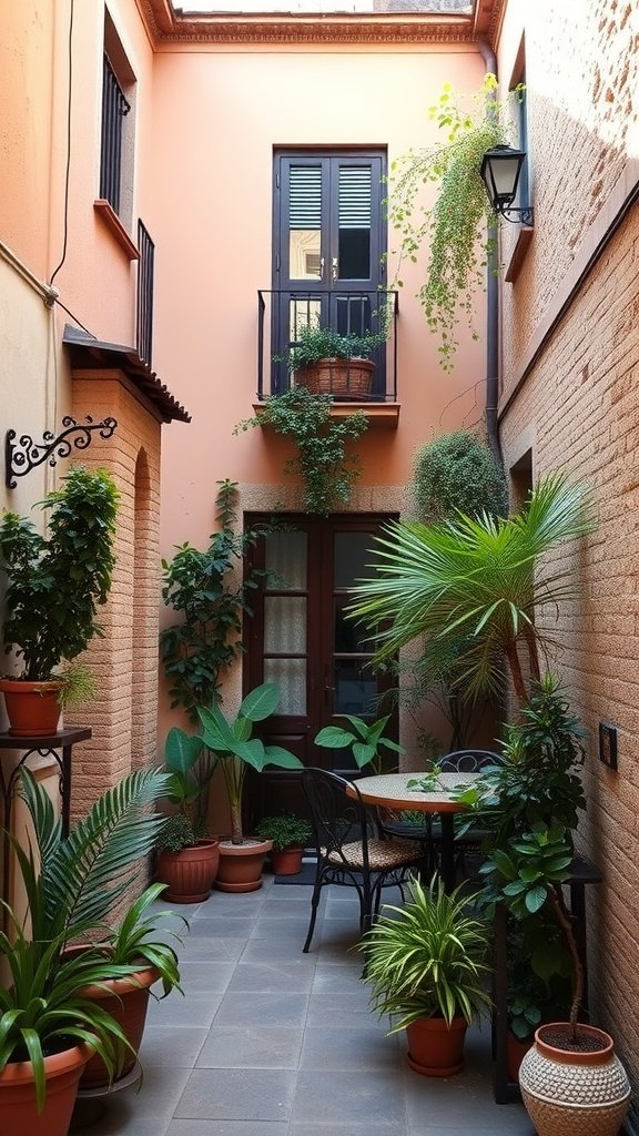 A quaint courtyard home in Seville featuring peach walls, lush plants, and a cozy table setting.