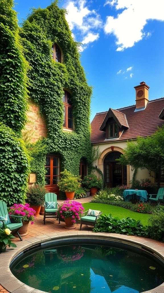 A quaint European cottage covered in green vines with a small pool and colorful flowers in the garden.