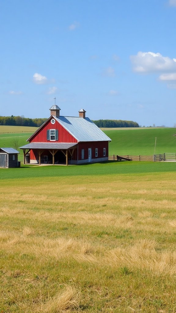 A quaint red farmhouse next to a rustic barn, surrounded by green fields under a blue sky.