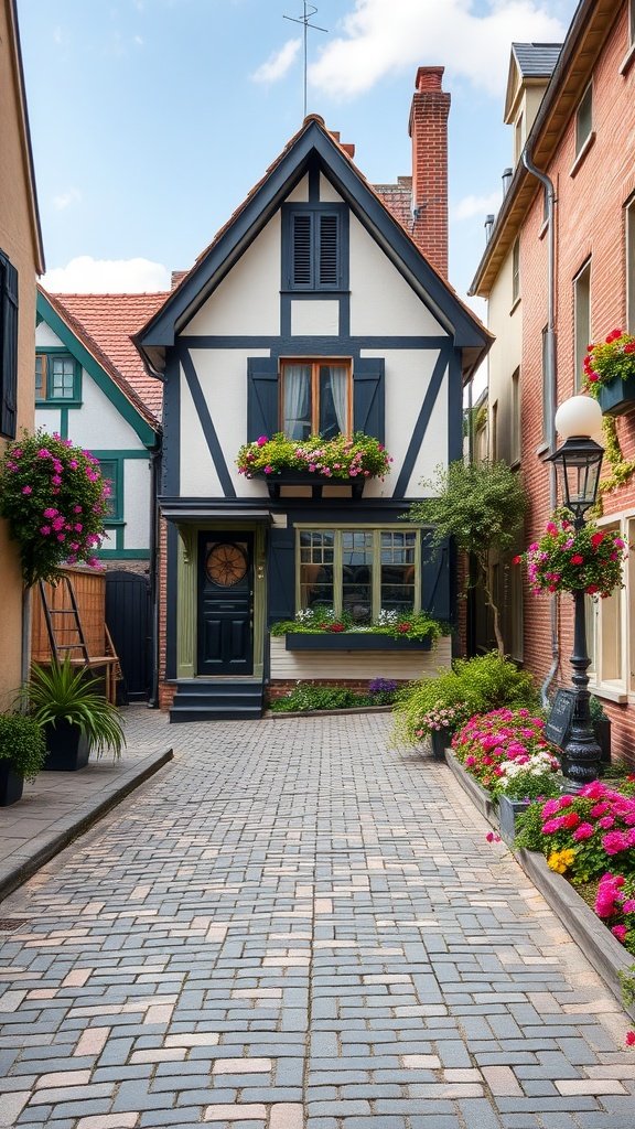 A quaint historic house with a black and white exterior, surrounded by flowers and a cobblestone pathway.