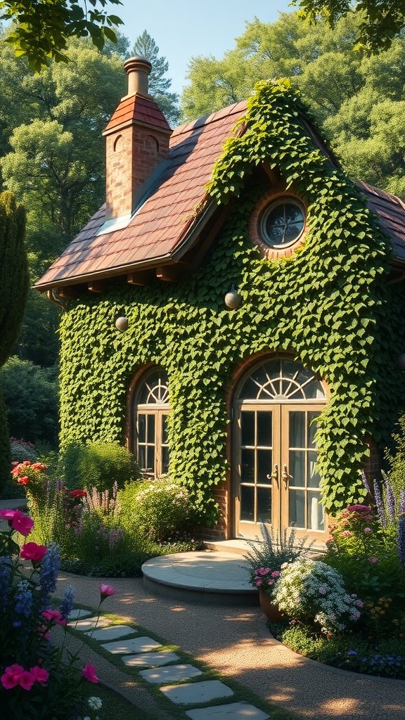 A charming ivy-covered cottage with a lovely garden and stone pathway.