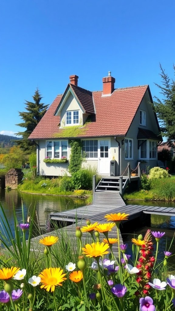 A charming lakeside cottage surrounded by colorful flowers and a wooden dock leading to the water.