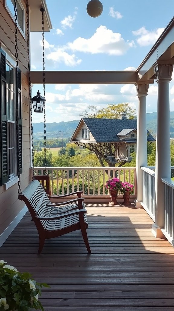 A cozy porch with a swing chair overlooking a scenic view.