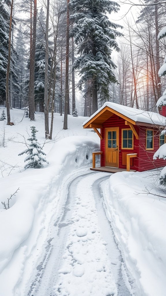 A quaint red cabin surrounded by snow-covered trees with a snowy pathway leading up to it.