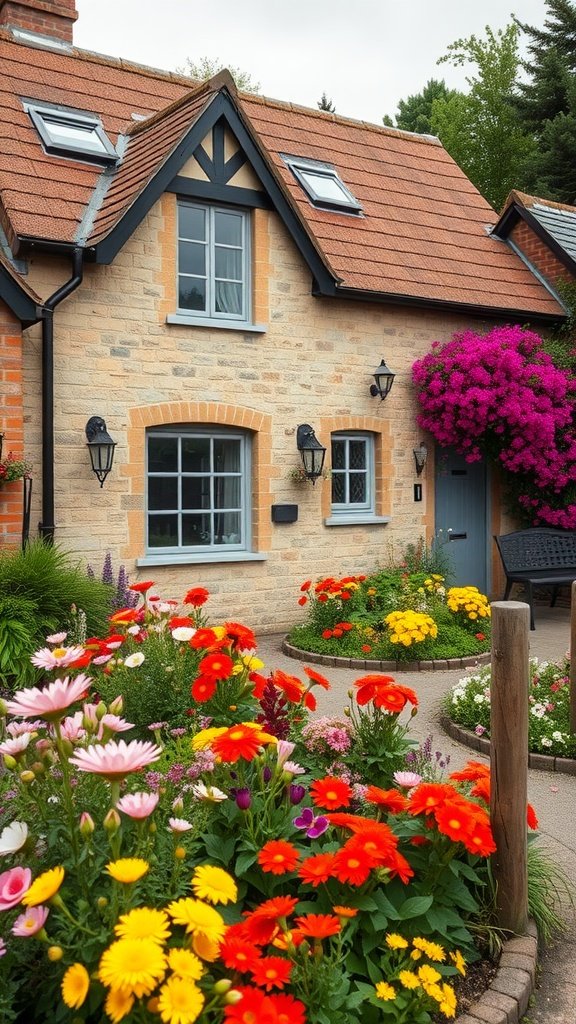 Cottage with stone exterior and colorful flower garden