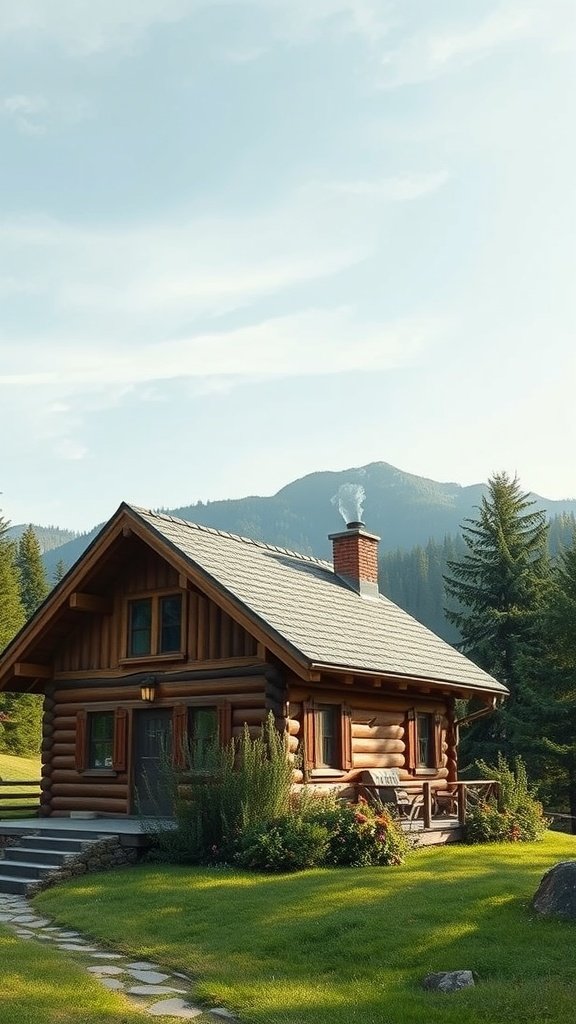A rustic timber cabin surrounded by greenery and mountains, with smoke coming from the chimney and a stone pathway leading to the entrance.