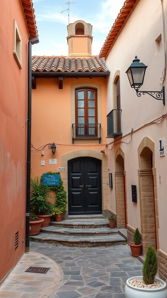 A quaint alley with peach and cream walls, rustic tile roof, and black doors surrounded by potted plants.