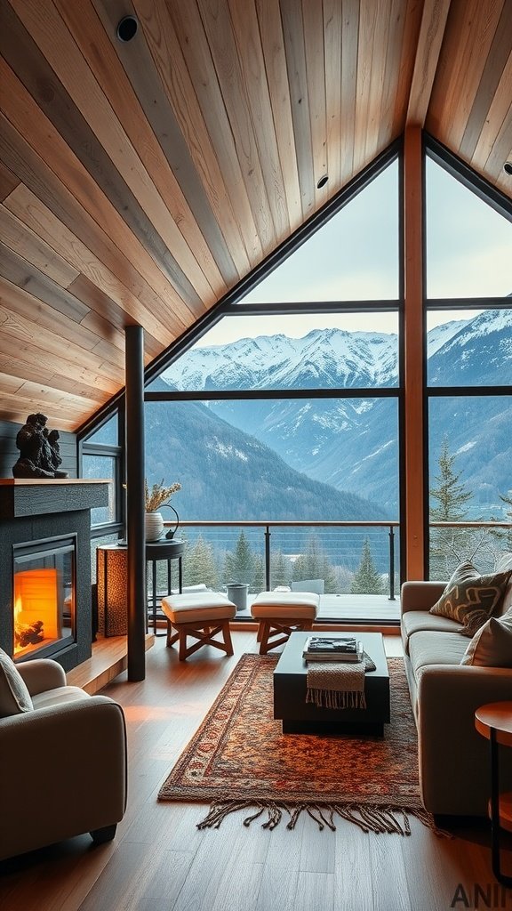 Cozy interior of a winter cabin with large windows showcasing snow-capped mountains.