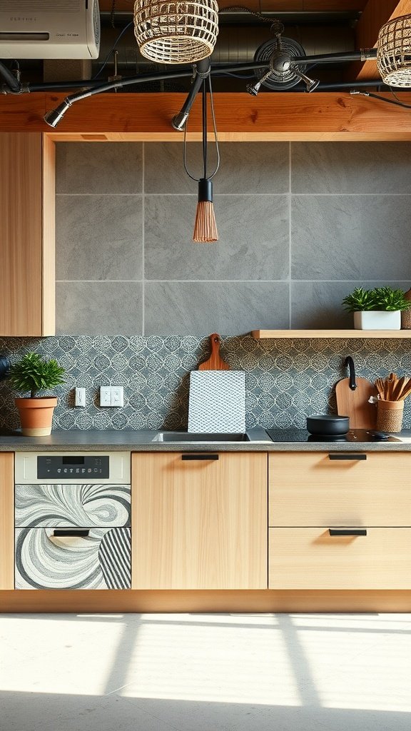 A modern loft kitchen featuring a quirky patterned backsplash, wooden cabinets, and stylish lighting.