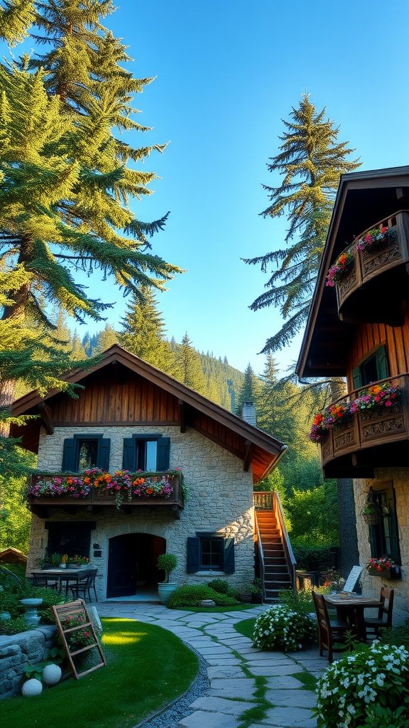A rustic stone house surrounded by tall trees and colorful flower boxes on a sunny day.