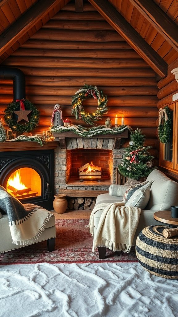 Cozy cabin interior with fireplace, comfortable seating, and festive decorations