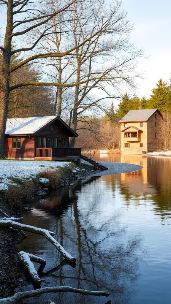 A tranquil scene of two cabins by the Rangitikei River surrounded by trees.