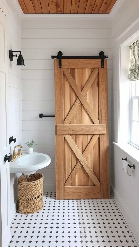A stylish farmhouse bathroom featuring a reclaimed barn door, white shiplap walls, and black and white patterned floor tiles.
