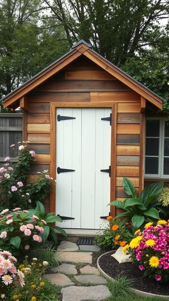 A cozy reclaimed wood shed with a white door surrounded by vibrant flowers and a stone path.