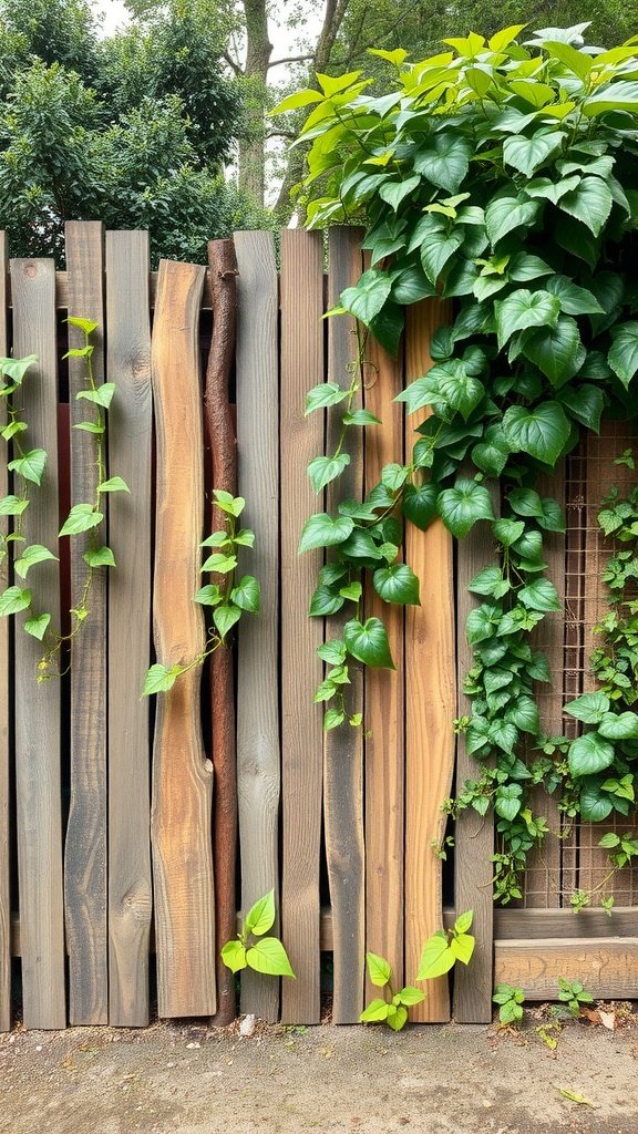 A whimsical fence made of recycled wood, intertwined with green plants and vines.