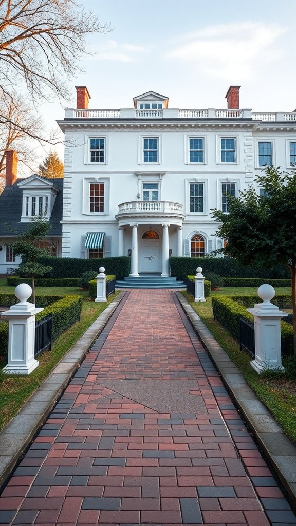 A Georgian-style white exterior home with a brick pathway and landscaped garden